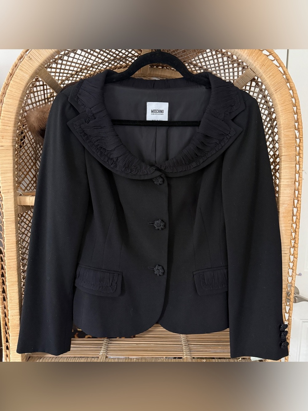 Vintage 2000s Moschino Black Virgin Wool Ruffle Collar Blazer Jacket IT 42 US